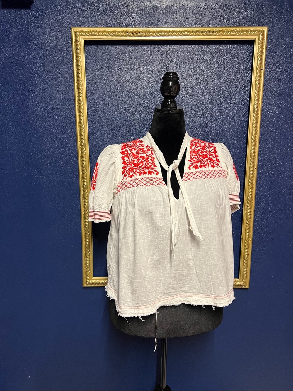 Free People White Peasant Top with Red Embroidery